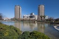 Barcelona,Spain, March 2016: river in parc Diagonal Mar with view on modern skycaps