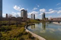 Barcelona,Spain, March 2016: river in parc Diagonal Mar with view on modern skycaps