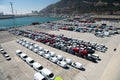 Barcelona, Spain - March 30, 2016: rows of cars on parking in sea port. Car export and import business. Car shipment