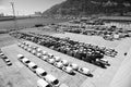 Barcelona, Spain - March 30, 2016: rows of cars on parking in sea port. Car export and import business. Car shipment