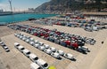 Barcelona, Spain - March 30, 2016: rows of cars on parking in sea port. Car export and import business. Car shipment