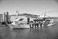 Barcelona, Spain - March 30, 2016: ship or liner GNV Rhapsody Genova in sea harbor on mountain landscape. Cruise ship