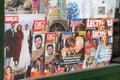 Barcelona, Spain-March 8, 2023. Shop window with magazines in a kiosk. Disappearance of magazines and newspapers due to the rise