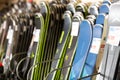 Barcelona, Spain - March 10, 2021: Sport goods store interior with large choice of skis