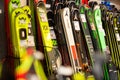 Barcelona, Spain - March 10, 2021: Sport goods store interior with large choice of skis