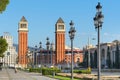 Barcelona downtown street view with venetian columns, bullfighting arena and Plaza hotel, Catalonia, Spain