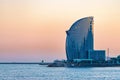 Barcelona, Spain -March 15, 2019: View of Barceloneta Beach and W Hotel in Barcelona, Spain Royalty Free Stock Photo