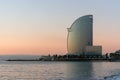 Barcelona, Spain -March 17, 2019: View of Barceloneta Beach and W Hotel in Barcelona, Spain Royalty Free Stock Photo