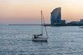 Barcelona, Spain -March 15, 2019: View of Barceloneta Beach and W Hotel in Barcelona, Spain Royalty Free Stock Photo