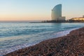 Barcelona, Spain -March 17, 2019: View of Barceloneta Beach and W Hotel in Barcelona, Spain Royalty Free Stock Photo