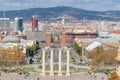 View of Plaza de Espana in Barcelona. Montjuic columns and fountain. Spain
