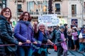 Barcelona, Spain - 8 march 2018: women march in the city center during woman`s day for better human rights for women and feminism