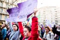 Barcelona, Spain - 8 march 2019: young girls rally in the city center during woman`s day for better human rights for women and