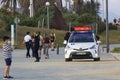 Barcelona, Spain - MAY 23, 2020: Barcelona beach police car. Covid 19 coronaviruse disease. Barcelona beach closed. Protect