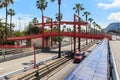 Red Drawbridge over Columbus Avenue, Barcelona, Spain Royalty Free Stock Photo