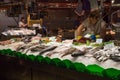 BARCELONA, SPAIN - MAY 16, 2017: Sale of the variety fish on the famous La Boqueria market in Barcelona