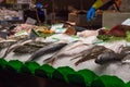 BARCELONA, SPAIN - MAY 16, 2017: Sale of the variety fish on the famous La Boqueria market in Barcelona