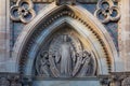 BARCELONA, SPAIN - MAY 15, 2017: Sculpture of the Jesus Christ with angels under gate of The church of Las Salesas. It was built Royalty Free Stock Photo