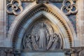 BARCELONA, SPAIN - MAY 15, 2017: Sculpture of the Jesus Christ with angels under gate of The church of Las Salesas. It was built