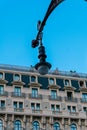 Barcelona, Spain - May 11, 2021. street lamps-benches of the paseo de gracia designed expressly for this place, by the then