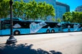 Barcelona, Spain - May 26 2022: There Are Two Blue Hybrid Buses At Bus Stop In Plaza Catalunya. Bus On Diesel And Royalty Free Stock Photo