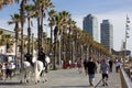 Barcelona, Spain, 03 May 2020: Two police officers on horses on the Barcelona beach promenade watching people walking and doing