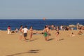 BARCELONA, SPAIN - MAY 16, 2017: Unknown young people playing volleyball on a city beach in Barcelona Royalty Free Stock Photo