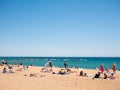 Barcelona, Spain. May 2019. View of Barceloneta Beach in summer in Barcelona. It is one of the most popular beach in Europe Royalty Free Stock Photo