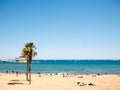 Barcelona, Spain. May 2019. View of Barceloneta Beach in summer in Barcelona. It is one of the most popular beach in Europe Royalty Free Stock Photo