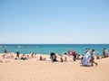 Barcelona, Spain. May 2019. View of Barceloneta Beach in summer in Barcelona. It is one of the most popular beach in Europe Royalty Free Stock Photo