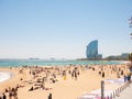 Barcelona, Spain. May 2019. View of Barceloneta Beach in summer in Barcelona. It is one of the most popular beach in Europe Royalty Free Stock Photo