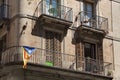 BARCELONA, SPAIN - MAY 15, 2017: View of the building in Barcelona center with blue Estelada flag on the balcony. The Estelada is
