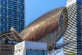 BARCELONA, SPAIN - MAY 15, 2017: View of the famous Olympic fish by architect Frank Gehry and modern city skyskrapers