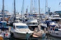 BARCELONA, SPAIN - MAY 15, 2017: View of the modern yachts on the pier in center of Barcelona in sunny day