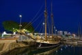 BARCELONA, SPAIN - MAY 16, 2017: View of the sail ship on the pier in center of Barcelona in evening time Royalty Free Stock Photo
