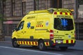 BARCELONA, SPAIN - MAY 16, 2017: View of the yellow ambulance car in center of Barcelona