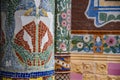 Barcelona, Spain - Colourful ornate columns on the exterior balcony of the Palau De La Musica, Barcelona, Spain