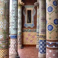 Barcelona, Spain - Colourful ornate columns on the exterior balcony of the Palau De La Musica, Barcelona, Spain