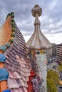 Barcelona, Spain -  View of famous rooftop of Casa Batllo designed by Antoni Gaudi, Barcelona, Spain showing scales Royalty Free Stock Photo