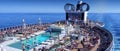 BARCELONA, SPAIN- 06 NOVEMBER, 2018: An aerial view of a cruise ship pool area with people in the open sea