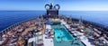 BARCELONA, SPAIN- 06 NOVEMBER, 2018: An aerial view of a cruise ship pool area with people in the open sea