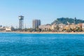 The aerial tramway with its two towers, Torre Sant Sebastia and Torre Jaume I in Barcelona, Spain