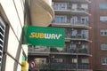 Barcelona, Spain - 5 November 2021: Subway restaurant signboard outdoor, Illustrative Editorial