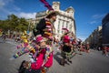 Barcelona, Spain. 12 Ocober 2019: Bolivian Tinkus San Simon dancers during Dia de la Hispanidad in Barcelona.