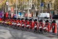Barcelona, Spain - Oct 28, 2022, BICING automated bicycle parking on a city street. Rental of new quality bikes.