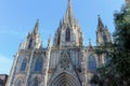 BARCELONA, SPAIN - OCT 24, 2019:Gothic Catholic Cathedral Facade Steeples Barcelona Catalonia Spain. This is the main spire