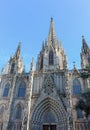 BARCELONA, SPAIN - OCT 24, 2019:Gothic Catholic Cathedral Facade Steeples Barcelona Catalonia Spain. This is the main spire