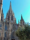 BARCELONA, SPAIN - OCT 24, 2019:Gothic Catholic Cathedral Facade Steeples Barcelona Catalonia Spain. This is the main spire