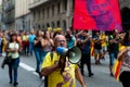 Barcelona, Spain - 14 october 2019: close up of old independentist protester marching in laietana street against the prison