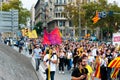 Barcelona, Spain - 14 october 2019: crowd of independentists protest in laietana streets against the prison sentencing of catalan